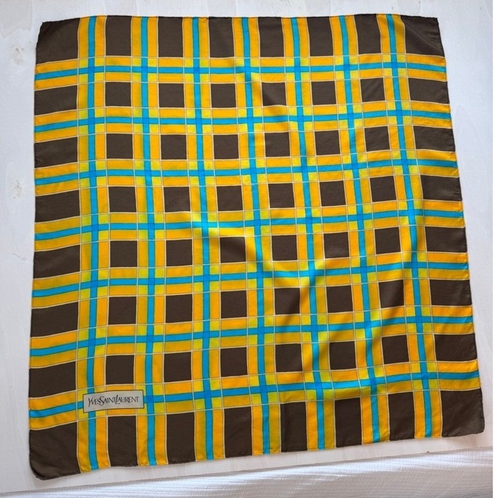Yves Saint Laurent Vintage Silk Scarf Geometric Grid Brown Yellow Blue 33x33